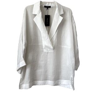 Lafayette 148 White Linen Blouse Size L NWT 3/4 Sleeves Deep V Neck